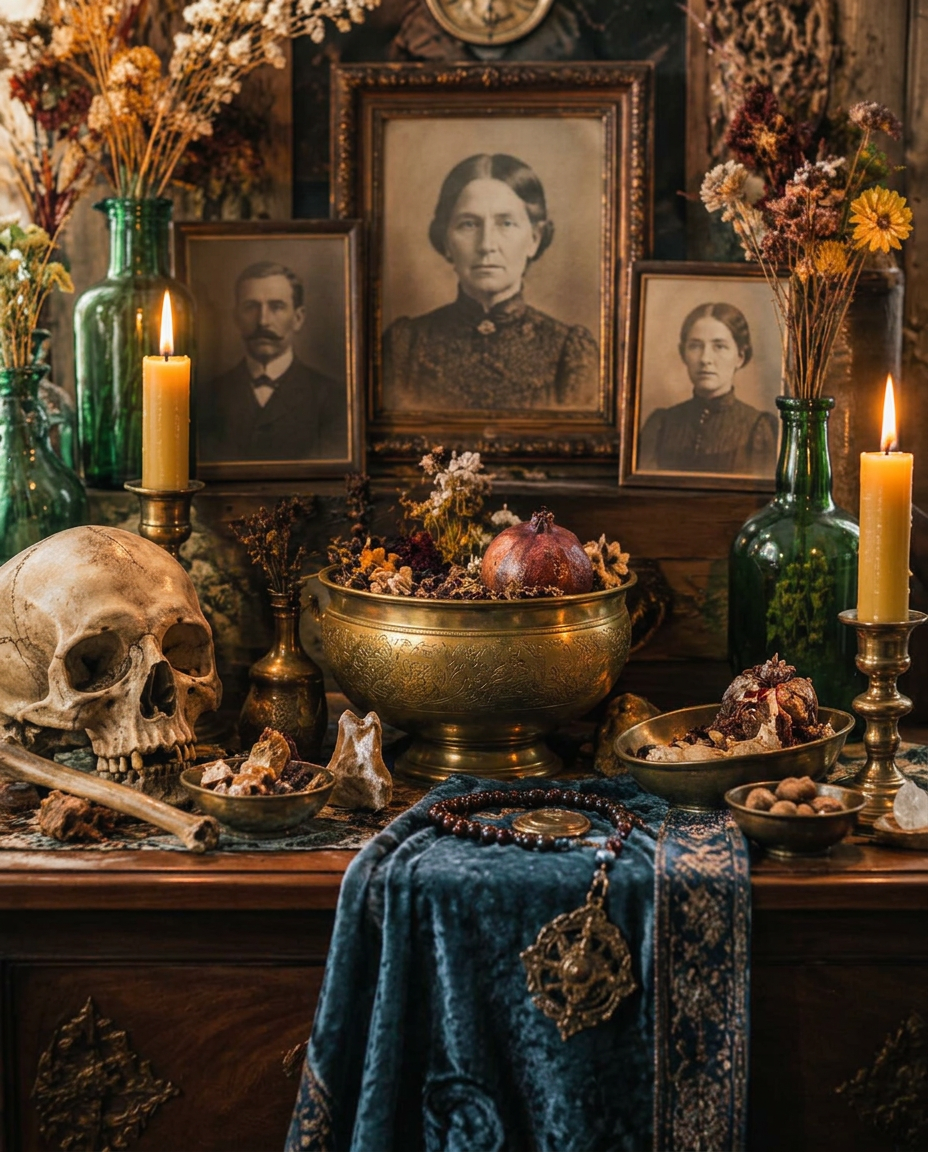 Ancestral altar with portraits, candles, bones and offerings