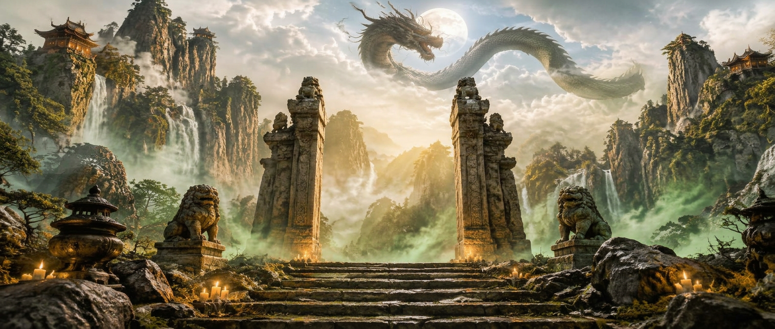 An ancient stone gateway beneath an indigo night sky